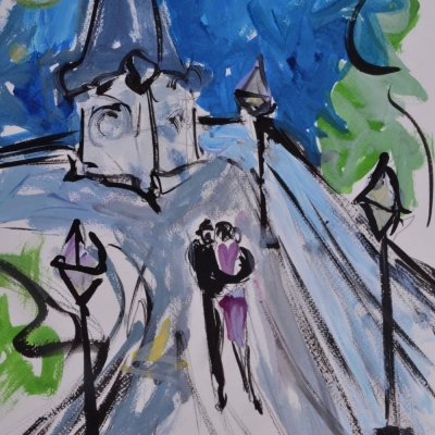 Uhrturm Graz romantisch blauer Himmel